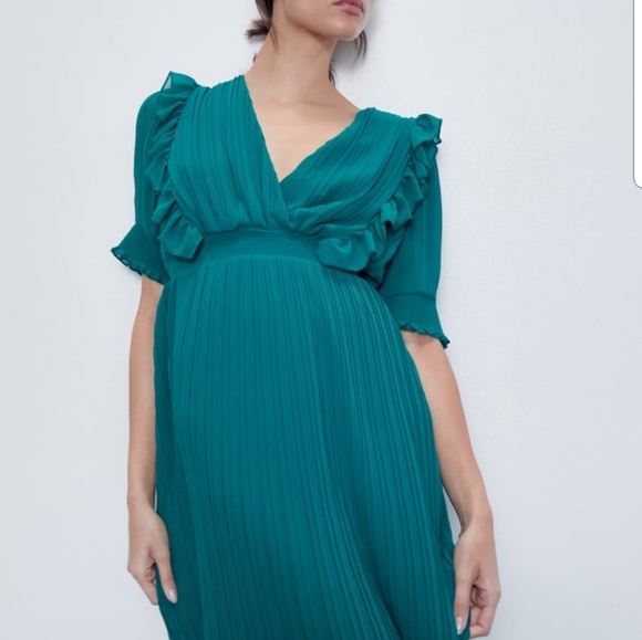 ZARA Pleated Emerald Dress Sz XS - Picture 5 of 7